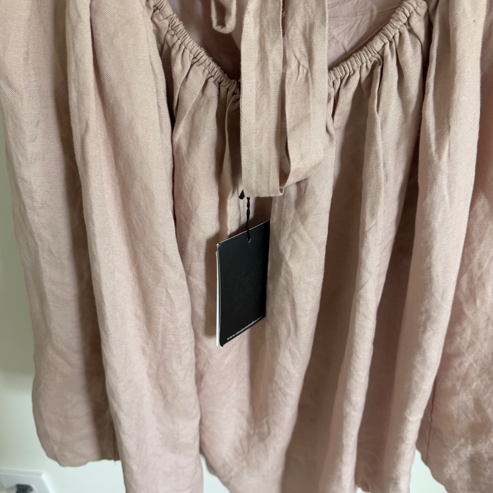 En Saison Dusty Rose Linen Blend Puff Sleeve Open Back Mini Dress Large NWT - Picture 3 of 5